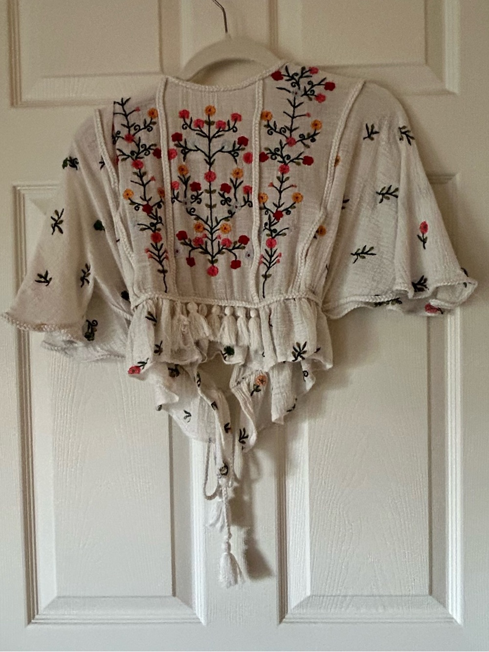 Zara Cream Embroidered Tie Front Cropped Cardigan Floral Kimono Blouse Size S - Picture 8 of 14